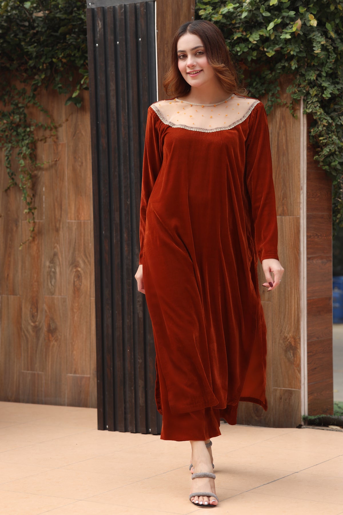 Rust orange embroidered