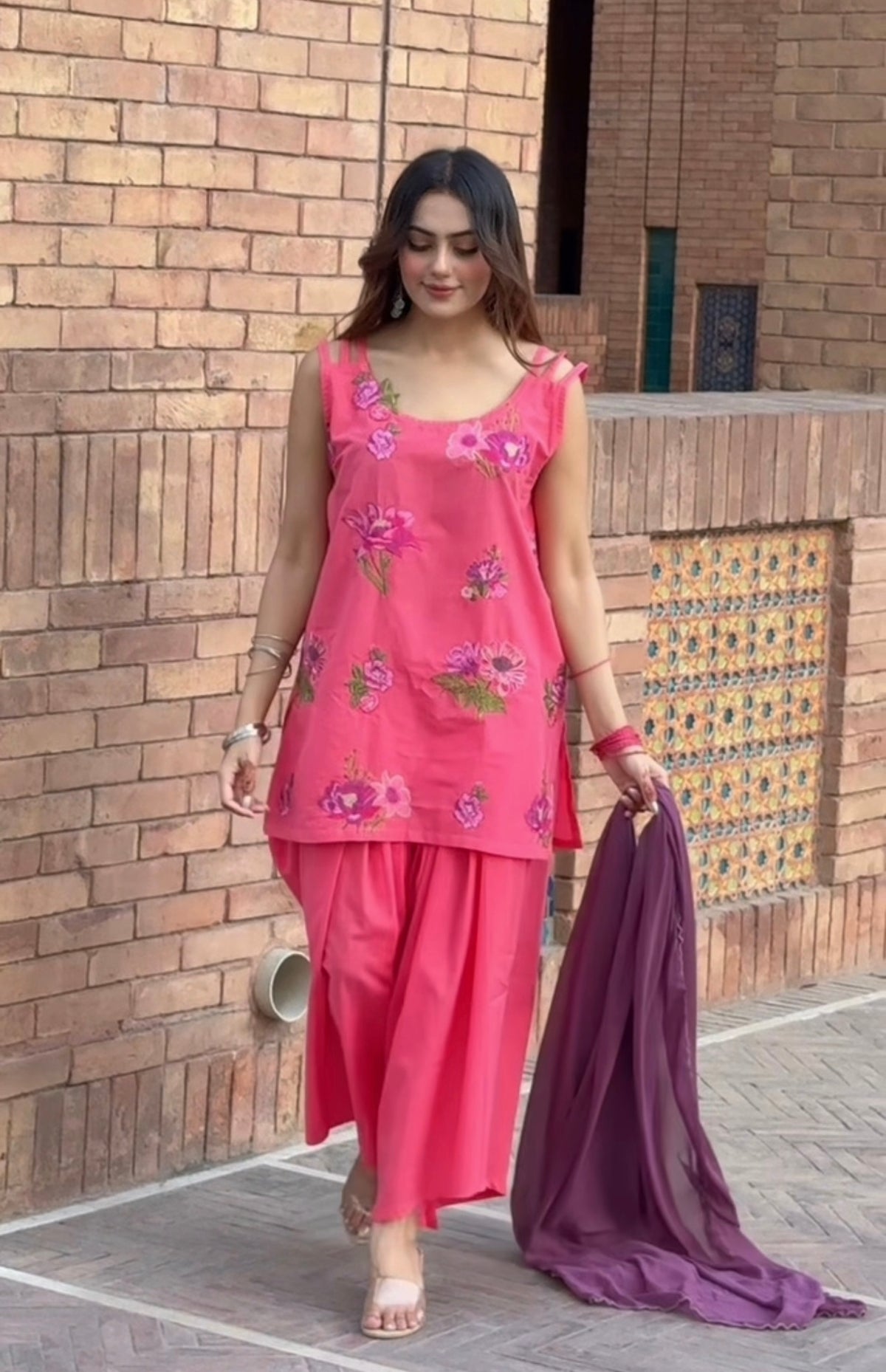 Lawn pink embroidered