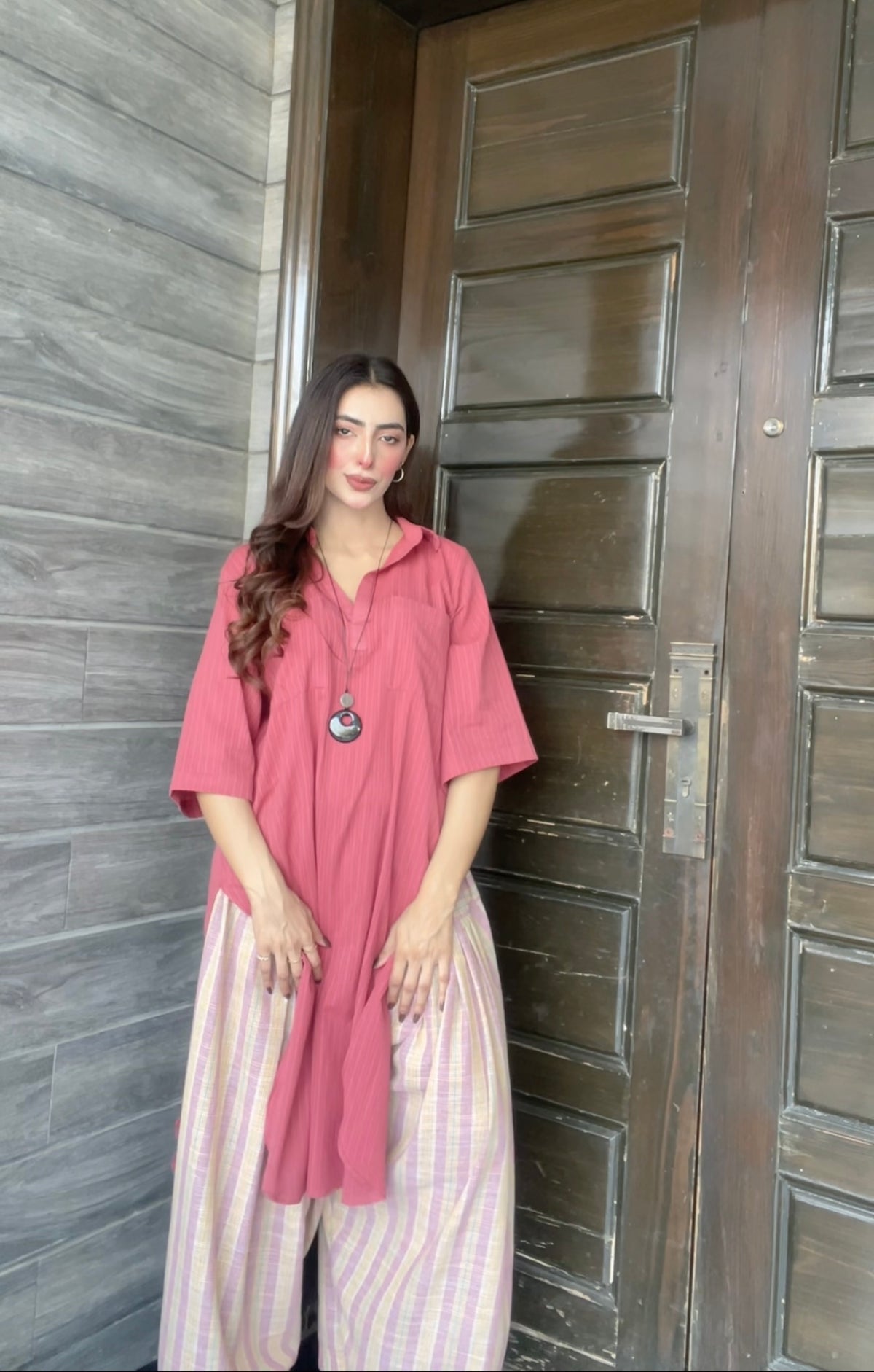Pink contrast kurta set