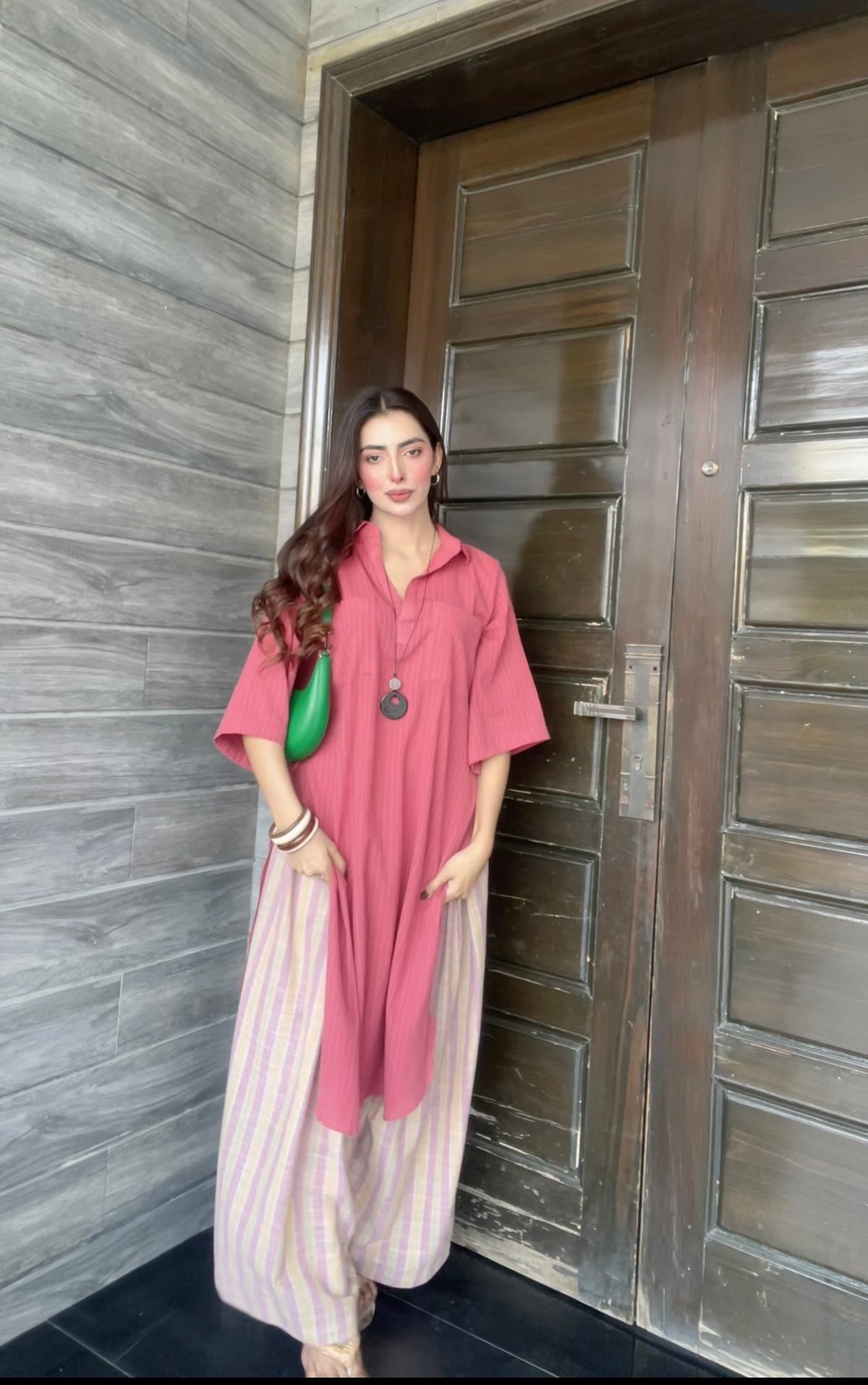 Pink contrast kurta set