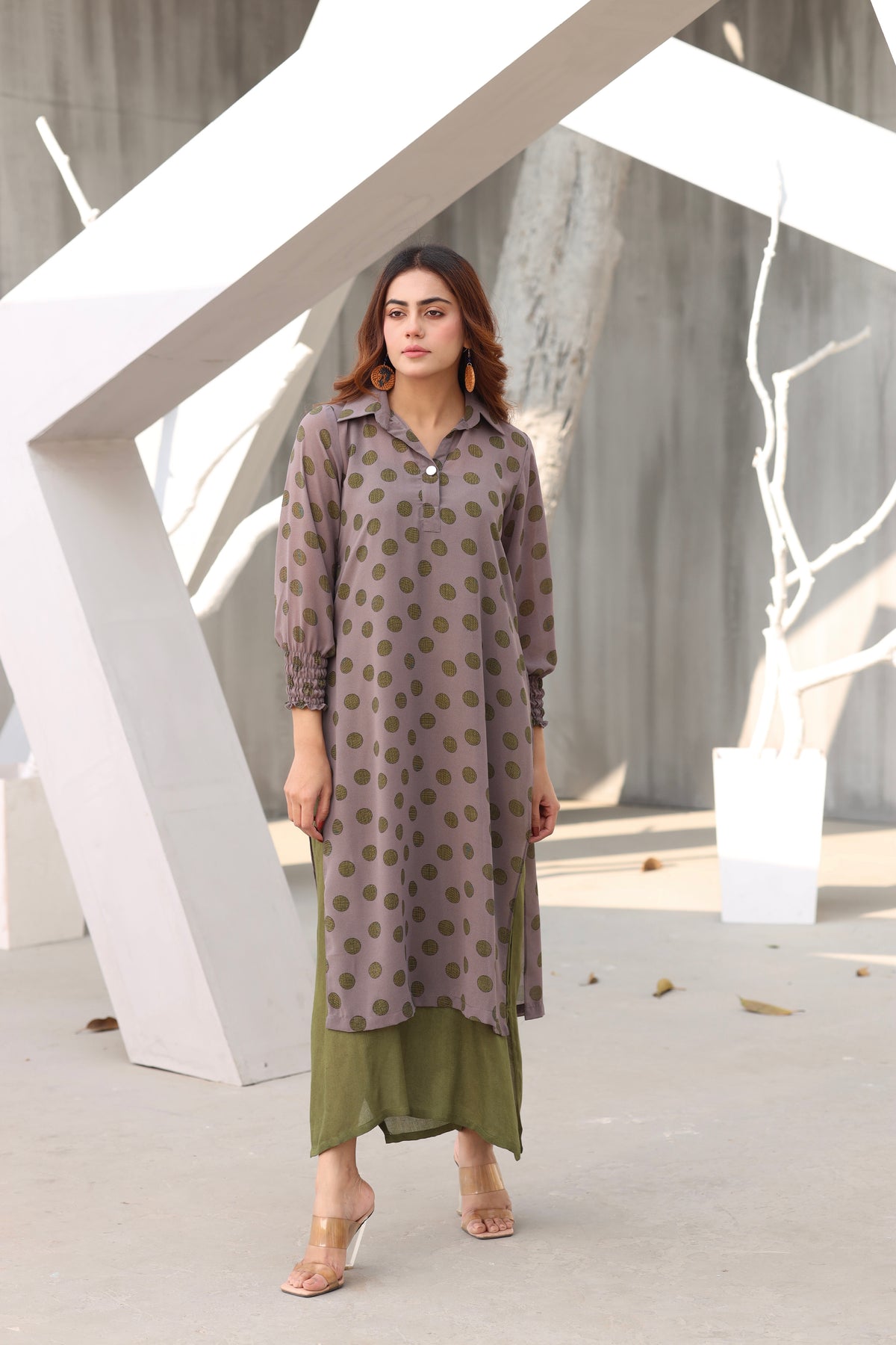 Polka dotted olive dress