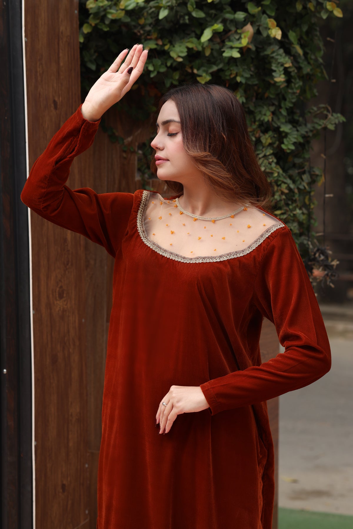 Rust orange embroidered