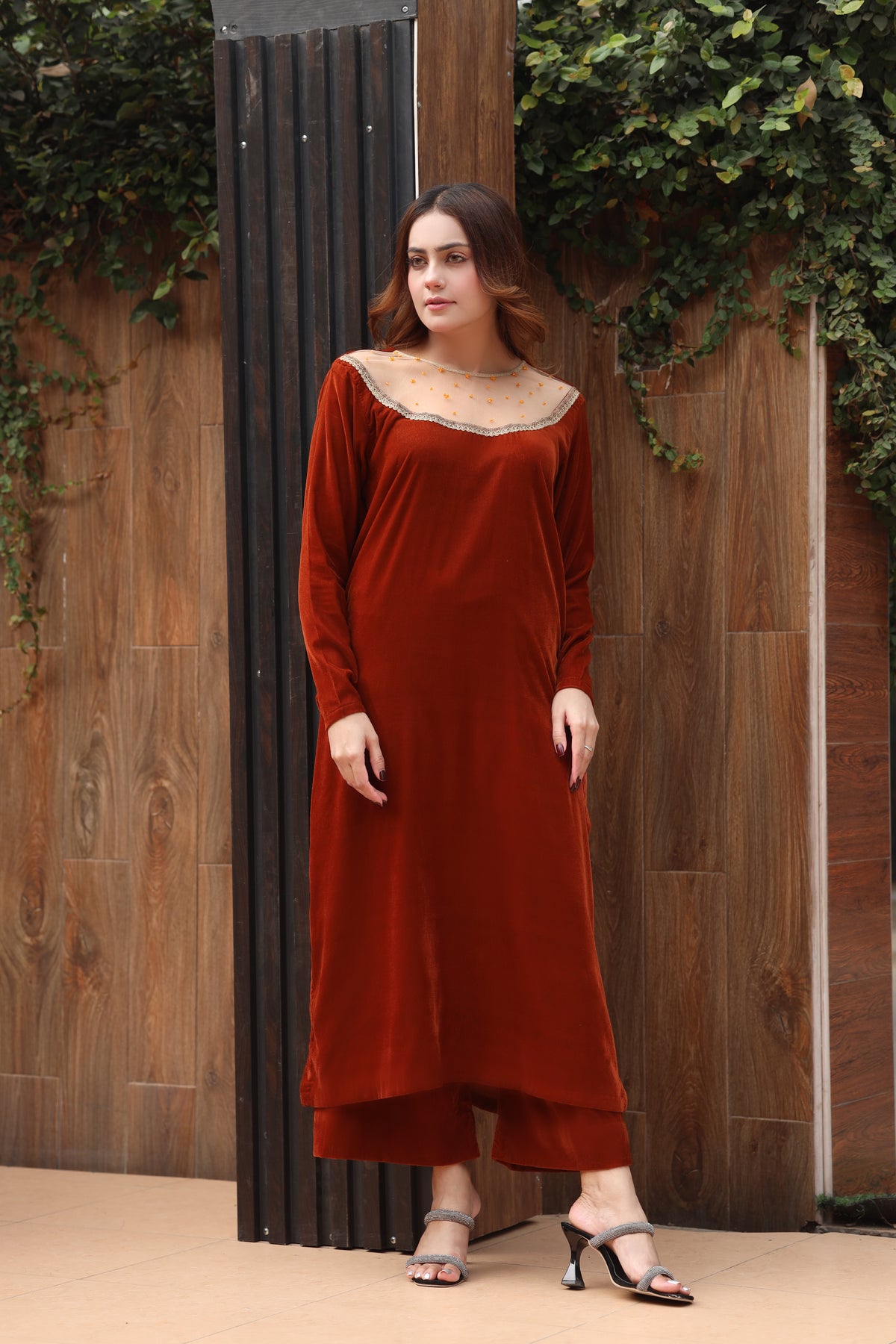 Rust orange embroidered